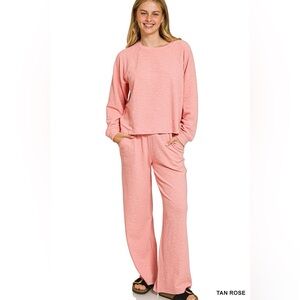 ZENANA NWT Top & Pant Set Slub Tan Rose Long Sleeves Size Small - Large